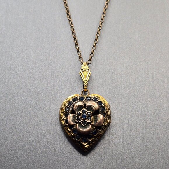 Victorian 12K Gold Filled Heart Locket Necklace Old Mine Cut Blue Paste Stones - Picture 10 of 16